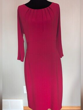 Joseph Ribkoff Red Pleated-Neck Long Sleeve Sheath Dress